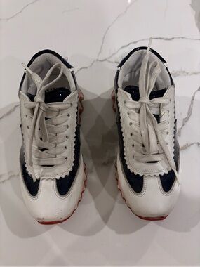 Christian Louboutin-LOUBISHARK White and Navy Lace-Up Sneakers with Red Sole